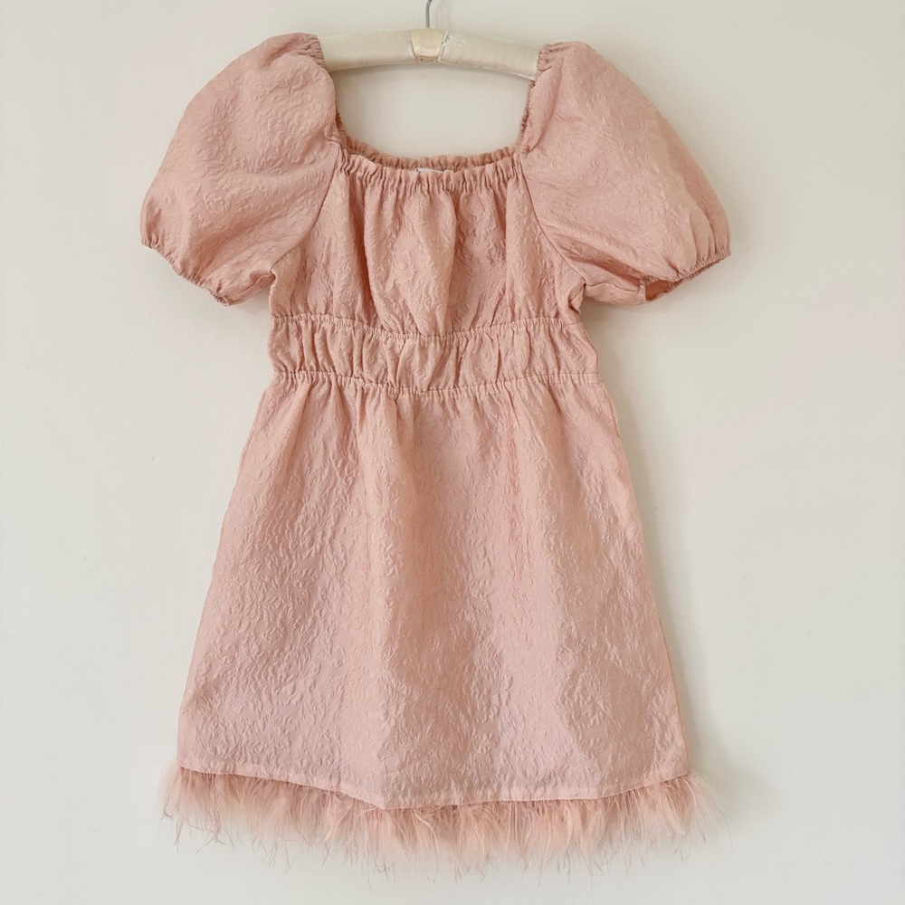 GB Girls Jacquard Feather Hem Puff Sleeve Blush Pink Dress Size L